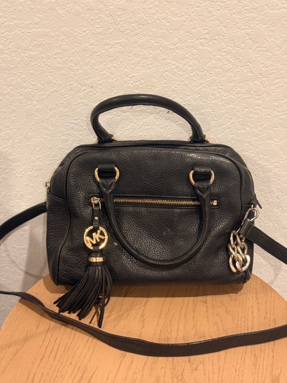 Michael Kors Black Pebbled Leather Satchel with Tassel and Chain Accent - Picture 1 of 5